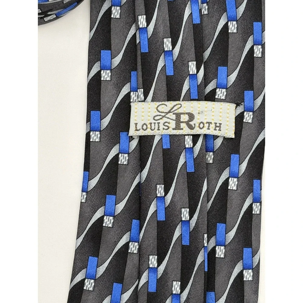 Louis Roth Mens Silk Tie Black Grey Blue Geometric Abstract Wavy Stripe Handmade